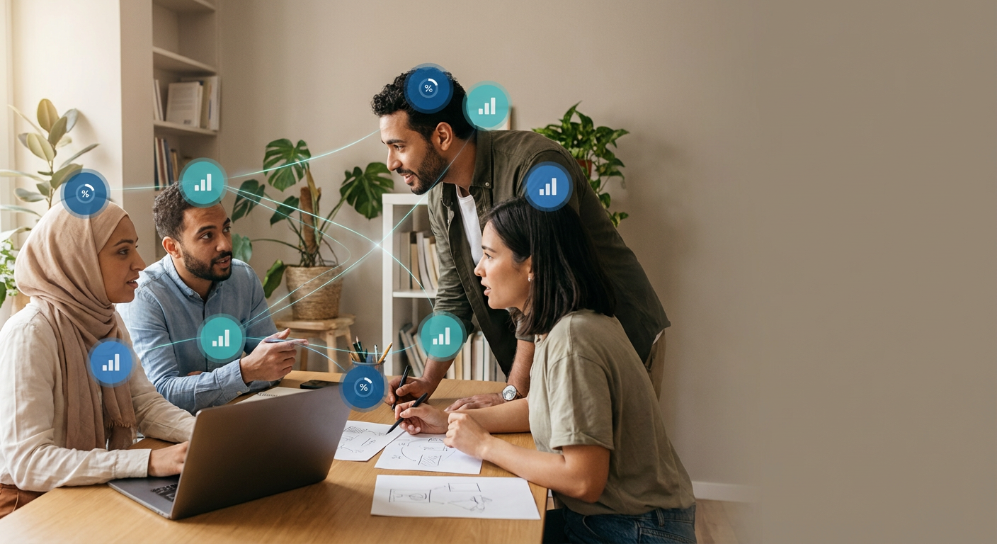 A high-end editorial portrait of a diverse small-to-medium business team of four professionals collaborating in a natural workplace setting. The team is positioned left-of-center in a medium-wide crop, engaged with laptops and documents on a modern office desk. The background is muted neutral tones, softly lit with directional rim lighting that highlights the team’s faces and figures. Overlaid on the image is a translucent constellation of modular system nodes—small blue and teal circles—positioned near each person and connected by fine luminous strands representing workflows. Subtle data-ink elements, such as small percentage marks and stacked bar glyphs, are integrated within the network, symbolizing scalable and measurable productivity gains. The right side of the image contains negative space for editorial headline placement. Warm skin tones and natural expressions emphasize human decision-making amplified by the networked system.