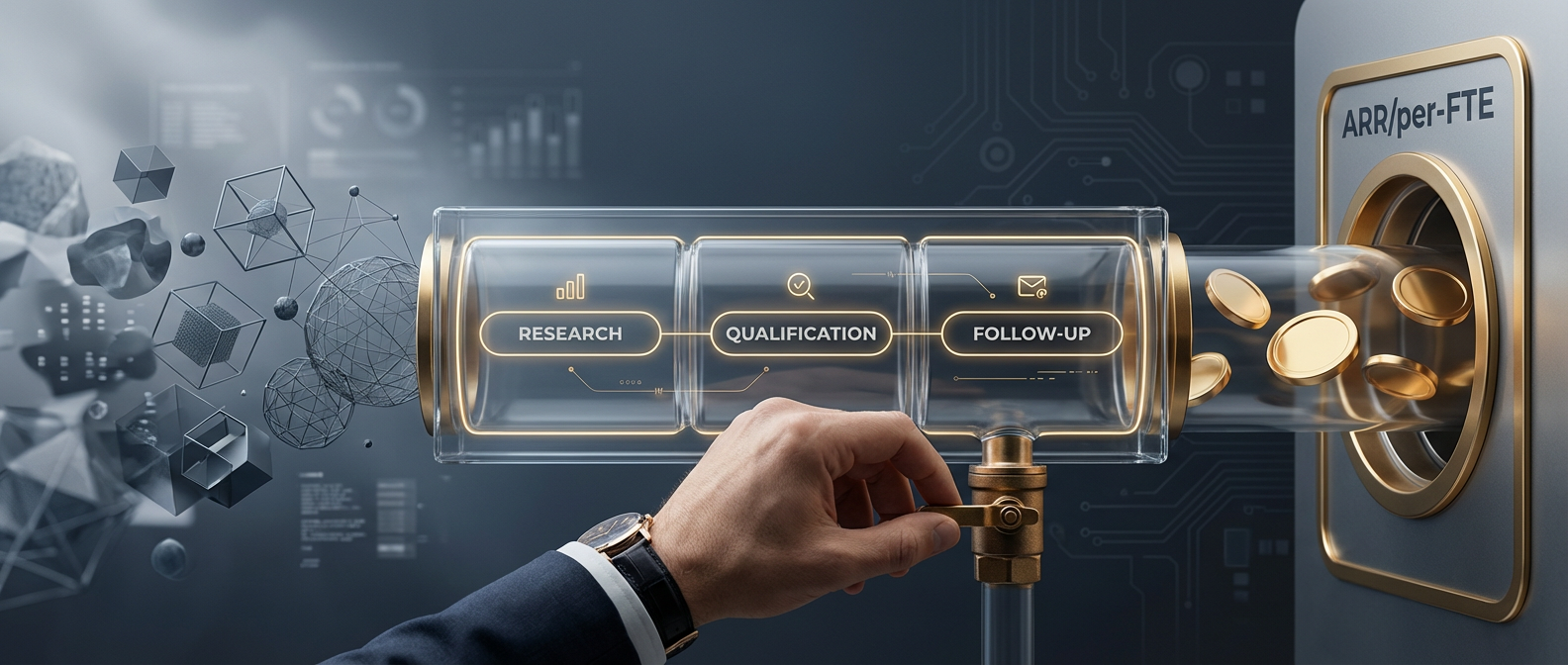 A wide horizontal cross-section illustration of a go-to-market pipeline. On the left, muted semi-transparent clusters and geometric shapes represent raw heterogeneous inputs. In the center, a transparent engineered filter segmented into three labeled modules—Research, Qualification, and Follow-up—with warm gold outlines softly glowing. On the right, smooth, high-gloss golden tokens flow into a vault labeled "ARR/per-FTE." In the foreground, a cropped executive hand adjusts a minimal brass valve labeled as an efficiency lever. The image features a premium modern editorial style with deep blues, slate grays, and warm gold accents, high contrast, and a crisp shallow depth of field