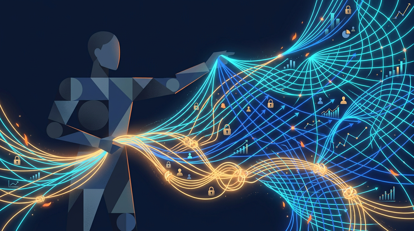 Abstract editorial illustration of a gender-neutral executive silhouette weaving a luminous tapestry of data-threads symbolizing Strategy, Scale, and Trust with embedded motifs of locks, charts, and human figures on a deep navy background