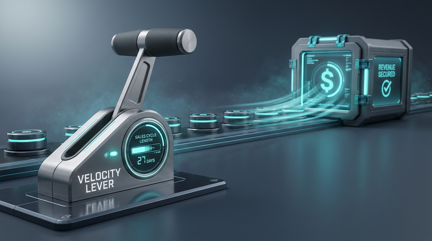 A professional, photo-realistic editorial illustration of an executive "Velocity Control" instrument panel. In the foreground, a polished metal analog-digital lever is positioned at a 3/4 angle, featuring a digital readout that displays a shrinking "Sales Cycle Length" bar. In the background, a horizontal sales timeline shows abstract deal tokens blurring into electric teal motion streaks as they accelerate into a glowing, vault-like revenue ledger. The scene is set in a sophisticated palette of cool slate blues and charcoal, emphasizing precision, speed, and corporate control.