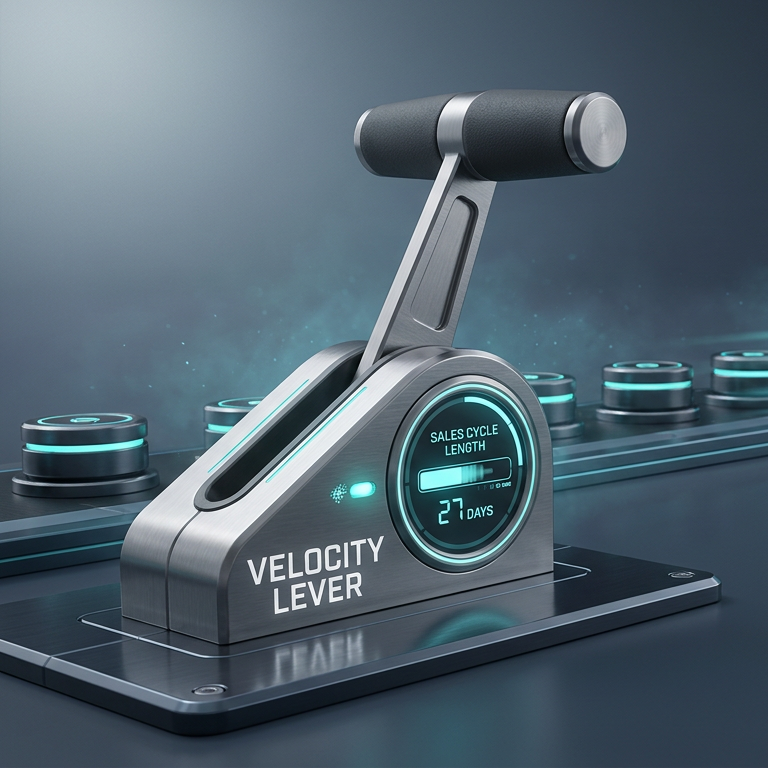 A professional, photo-realistic editorial illustration of an executive "Velocity Control" instrument panel. In the foreground, a polished metal analog-digital lever is positioned at a 3/4 angle, featuring a digital readout that displays a shrinking "Sales Cycle Length" bar. In the background, a horizontal sales timeline shows abstract deal tokens blurring into electric teal motion streaks as they accelerate into a glowing, vault-like revenue ledger. The scene is set in a sophisticated palette of cool slate blues and charcoal, emphasizing precision, speed, and corporate control.