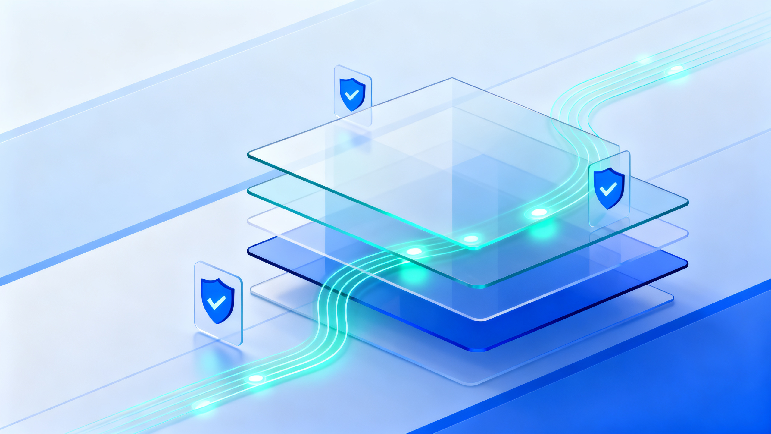 Abstract editorial illustration of layered translucent workflow panels connected by glowing blue pathways, symbolizing governance and guardrails for AI agents.