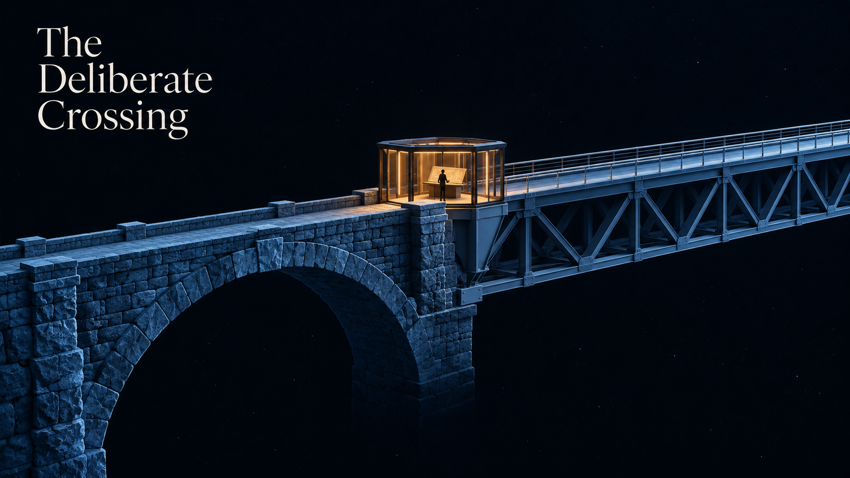 A modern editorial illustration of a bridge combining a handcrafted stone arch on the left and a modular steel span on the right, meeting at a central glass-and-metal control pavilion. The image metaphorically represents the hybrid approach of fusing bespoke AI solutions with off-the-shelf AI services under unified governance.
